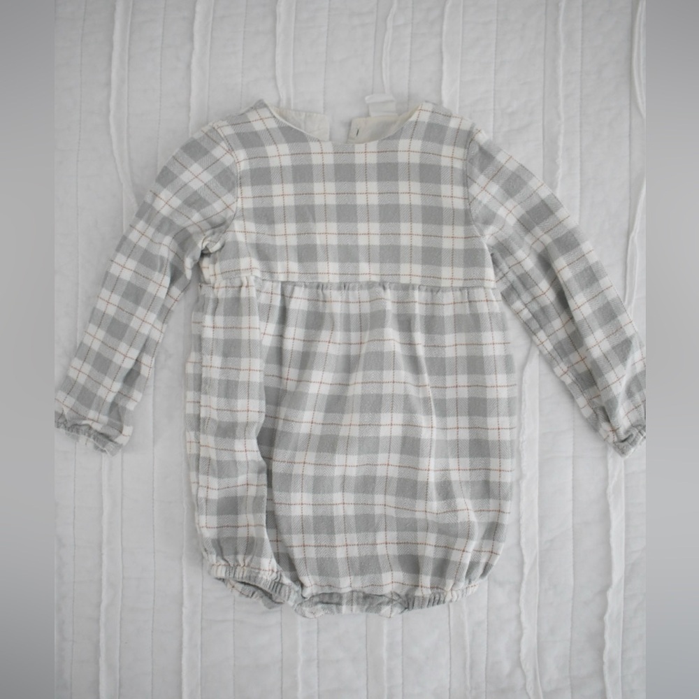 Plaid Long Sleeve Baby Bubble Romper in Sage and Cream